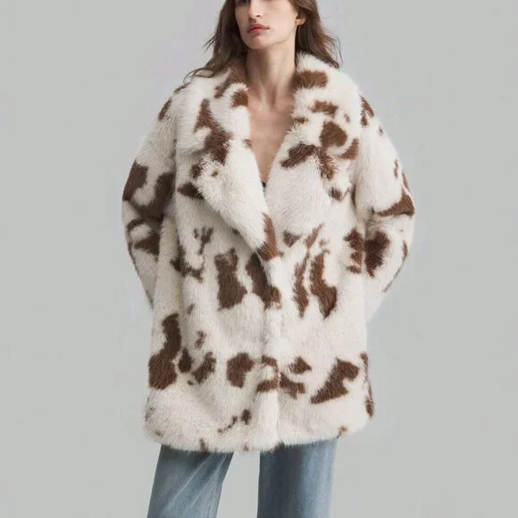 Khaki Casual Womens Leopard Print Oversized Fluffy faux fur Lined Coat - Picture 4 of 8